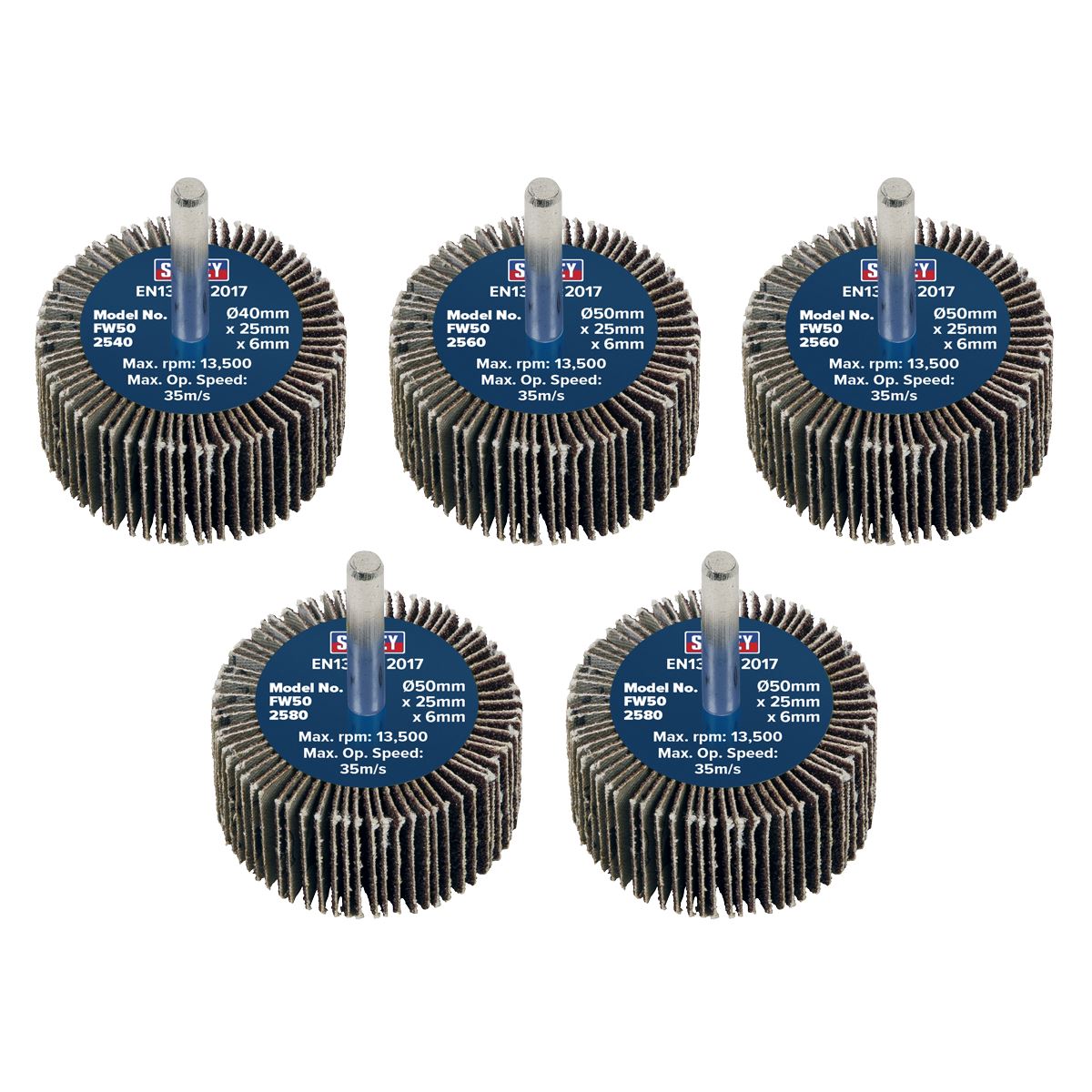 Sealey FW5025ASS Abrasive Flap Wheel Ø50 x 25mm Ø6mm Shaft Assorted Grit - Pack of 5 Sealey