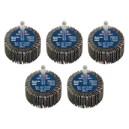 Sealey FW5025ASS Abrasive Flap Wheel Ø50 x 25mm Ø6mm Shaft Assorted Grit - Pack of 5 Sealey