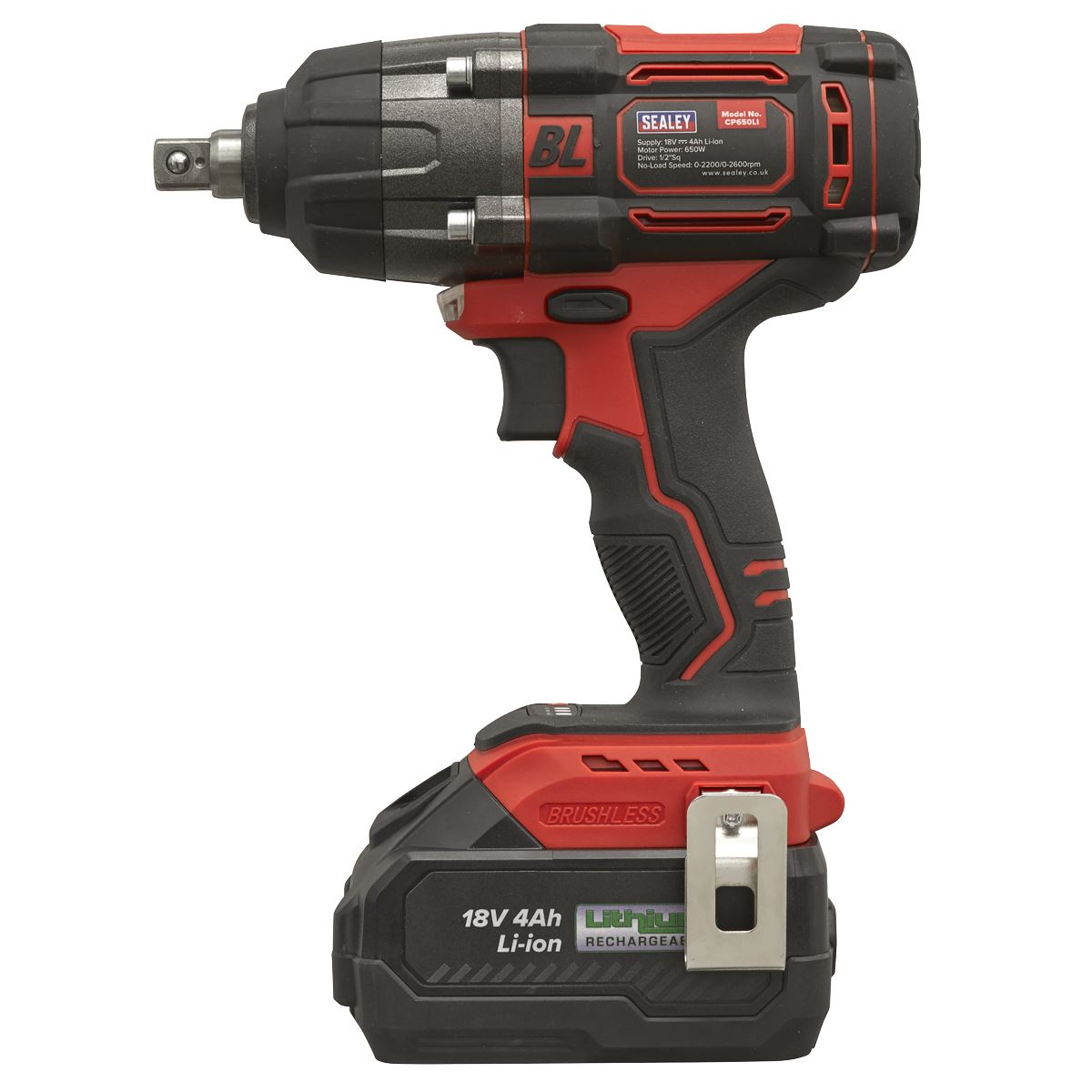 Sealey CP650LI Cordless Brushless Impact Wrench 18V 4Ah Lithium-ion 1/2"Sq Drive Sealey