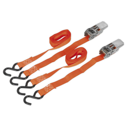Sealey TD0540S2 Ratchet Straps 25mm x 4m Polyester Webbing with S-Hooks 500kg Breaking Strength - Pair Sealey
