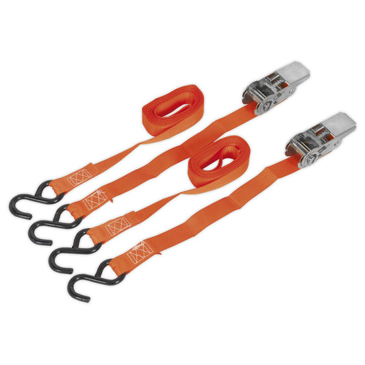 Sealey TD0540S2 Ratchet Straps 25mm x 4m Polyester Webbing with S-Hooks 500kg Breaking Strength - Pair Sealey
