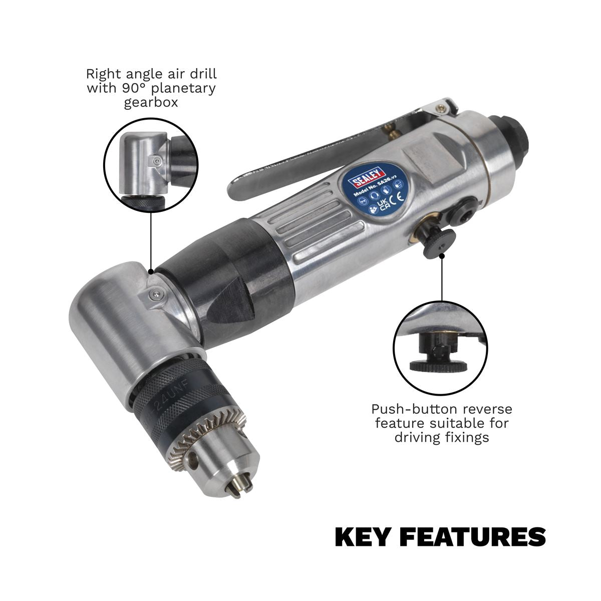 Sealey SA26 Air Angle Drill Ø10mm Reversible Sealey