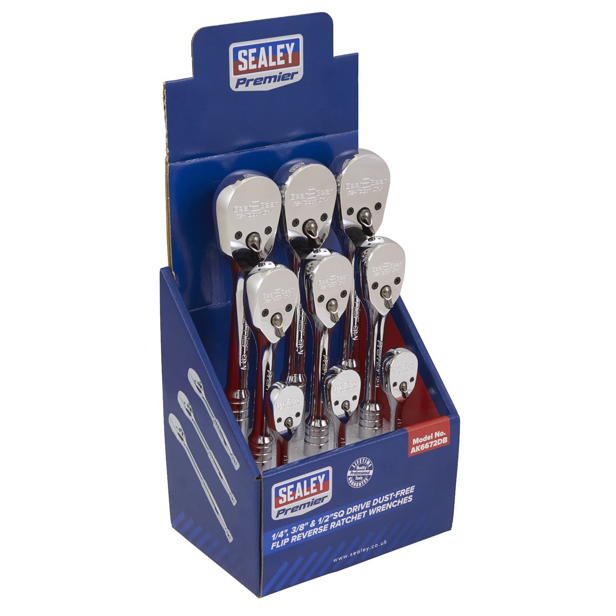 Sealey AK6672DB Ratchet Wrenches 1/4" 3/8" & 1/2"Sq Drive Pear-Head Flip Reverse Display Box of 9 Sealey