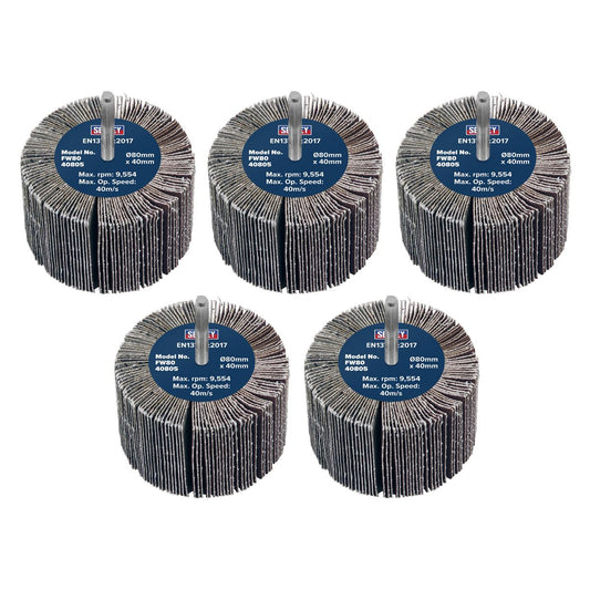 Sealey FW8040805 Abrasive Flap Wheel Ø80 x 40mm 80Grit Ø6mm Shaft - Pack of 5 Sealey