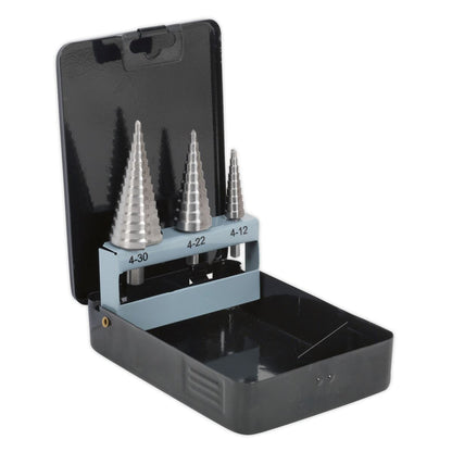 Sealey AK4746 HSS 4341 Step Drill Bit Set 3pc Double Flute Sealey