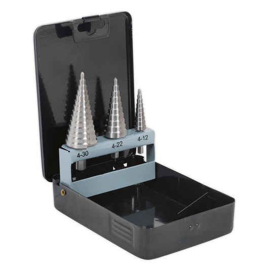 Sealey AK4746 HSS 4341 Step Drill Bit Set 3pc Double Flute Sealey