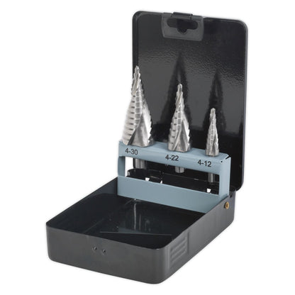 Sealey AK4749 HSS 4341 Step Drill Bit Set 3pc Spiral Flute Sealey