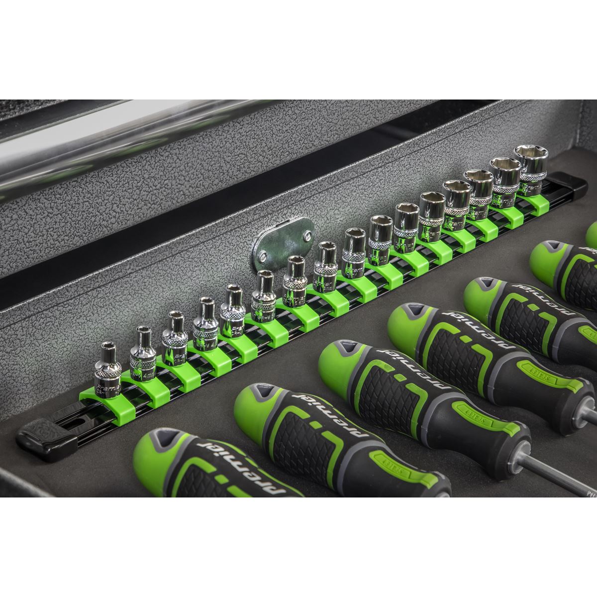 Sealey AK27052HV Socket Retaining Rail with 16 Clips 1/4"Sq Drive - Hi-Vis Green Sealey