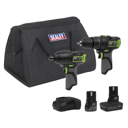 Sealey CP108VCOMBO3EU 2 x 10.8V SV10.8 Series Combi Drill & Impact Driver Kit - 2 Batteries & Euro Plug Sealey