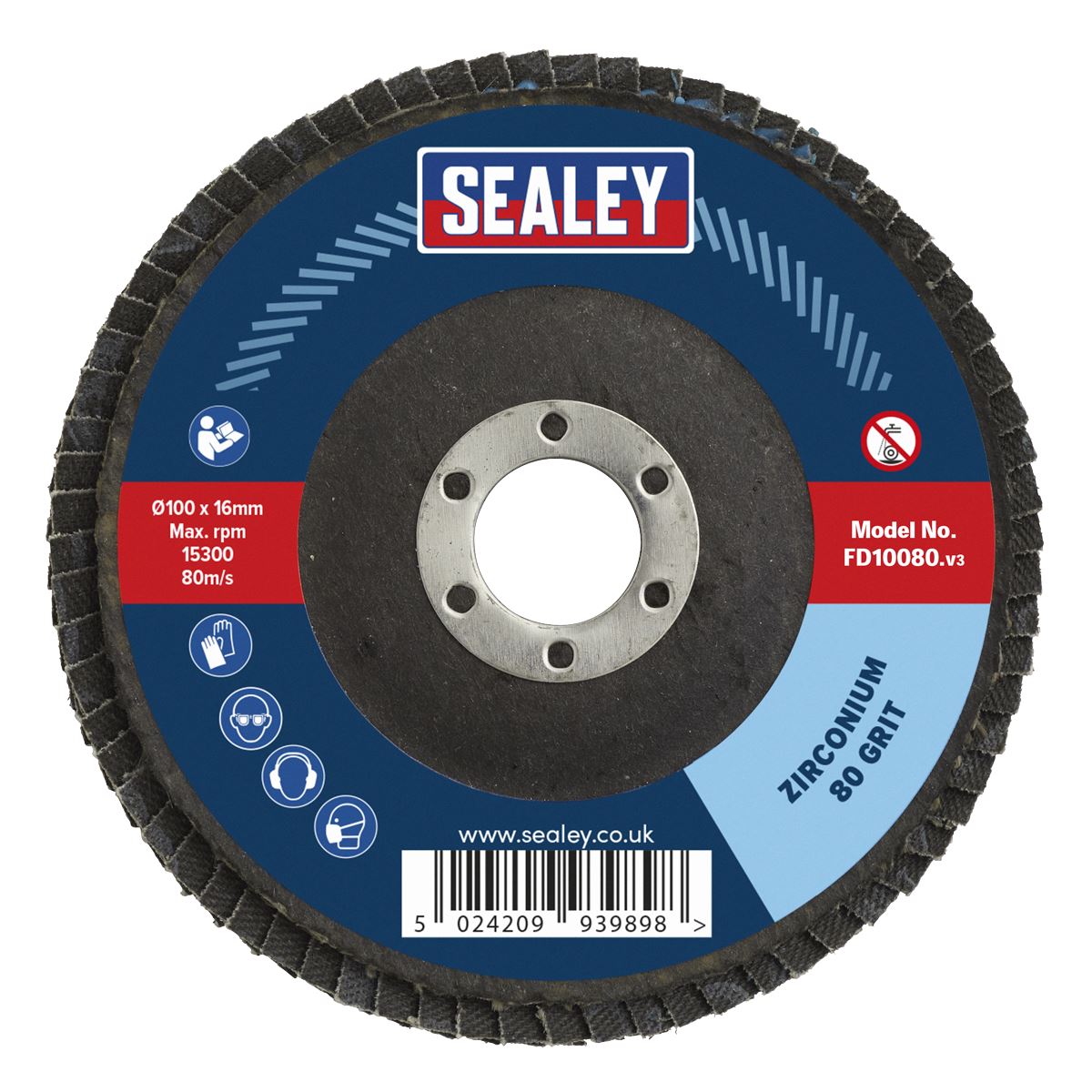 Sealey FD10080 Flap Disc Zirconium Ø100mm Ø16mm Bore 80Grit Sealey