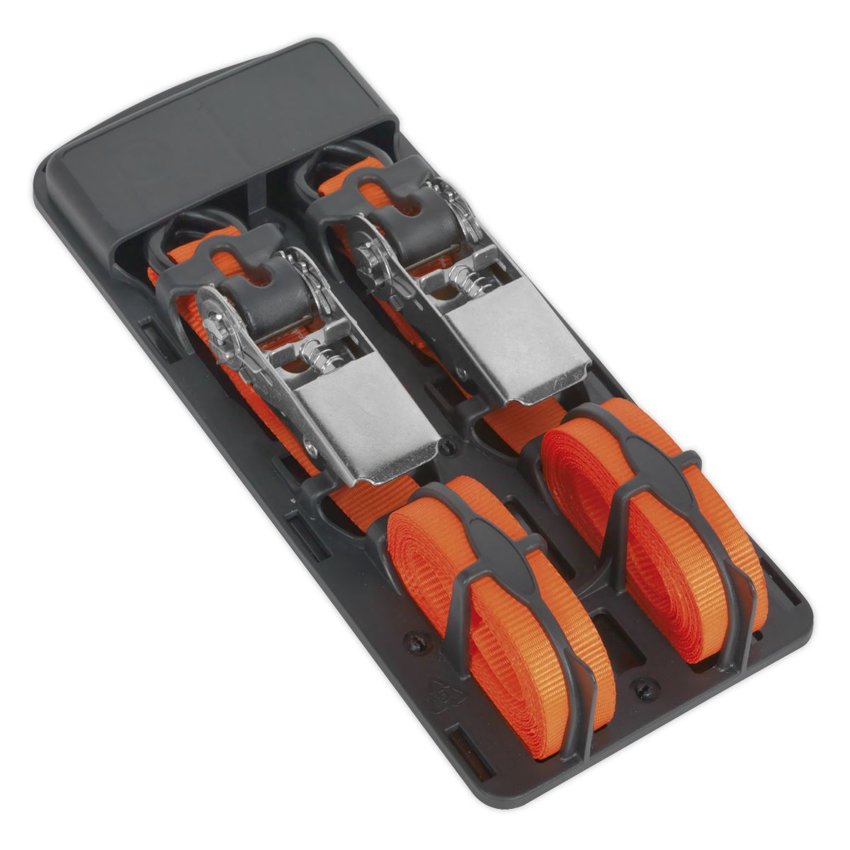 Sealey TD0540S2 Ratchet Straps 25mm x 4m Polyester Webbing with S-Hooks 500kg Breaking Strength - Pair Sealey