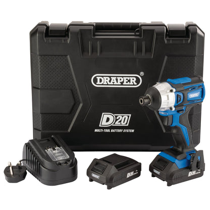 Draper 86958 D20 20V Brushless Impact Driver 1/4" Hex 180Nm 2 x 2.0Ah Batteries 1 x Charger Draper