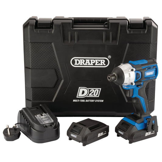 Draper 86958 D20 20V Brushless Impact Driver 1/4" Hex 180Nm 2 x 2.0Ah Batteries 1 x Charger Draper