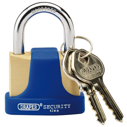 Draper 64165 Solid Brass Padlock and 2 Keys with Hardened Steel Shackle and Bumper 42mm Draper