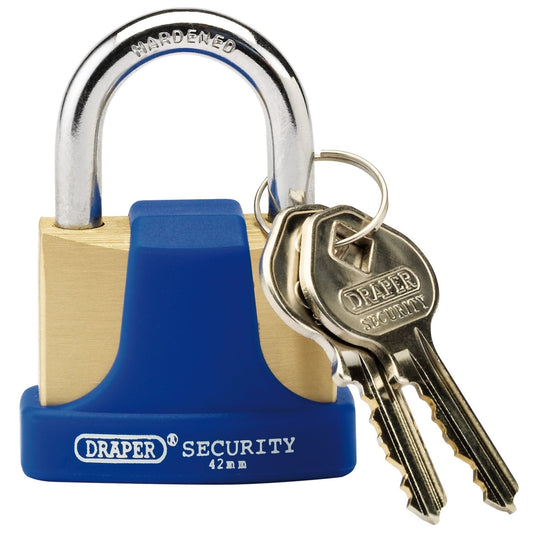 Draper 64165 Solid Brass Padlock and 2 Keys with Hardened Steel Shackle and Bumper 42mm Draper