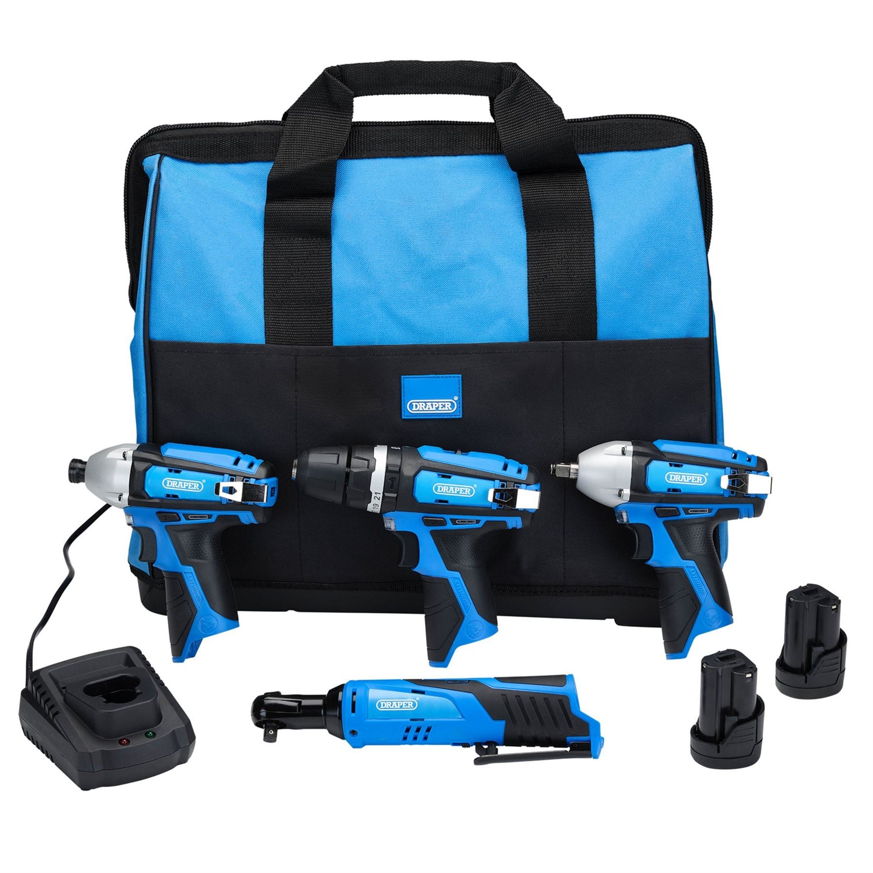 Draper 93446 12V Drill Drive and Ratchet Interchange Kit II 2 x 1.5Ah Li-ion Batteries 1 x Fast Charger and 1 x Tool Bag Draper