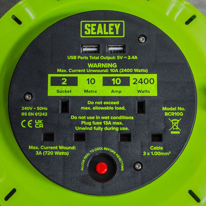 Sealey BCR10G Cassette Type Cable Reel Green with Thermal Trip 2 x 230V and 2 x USB 10m Sealey