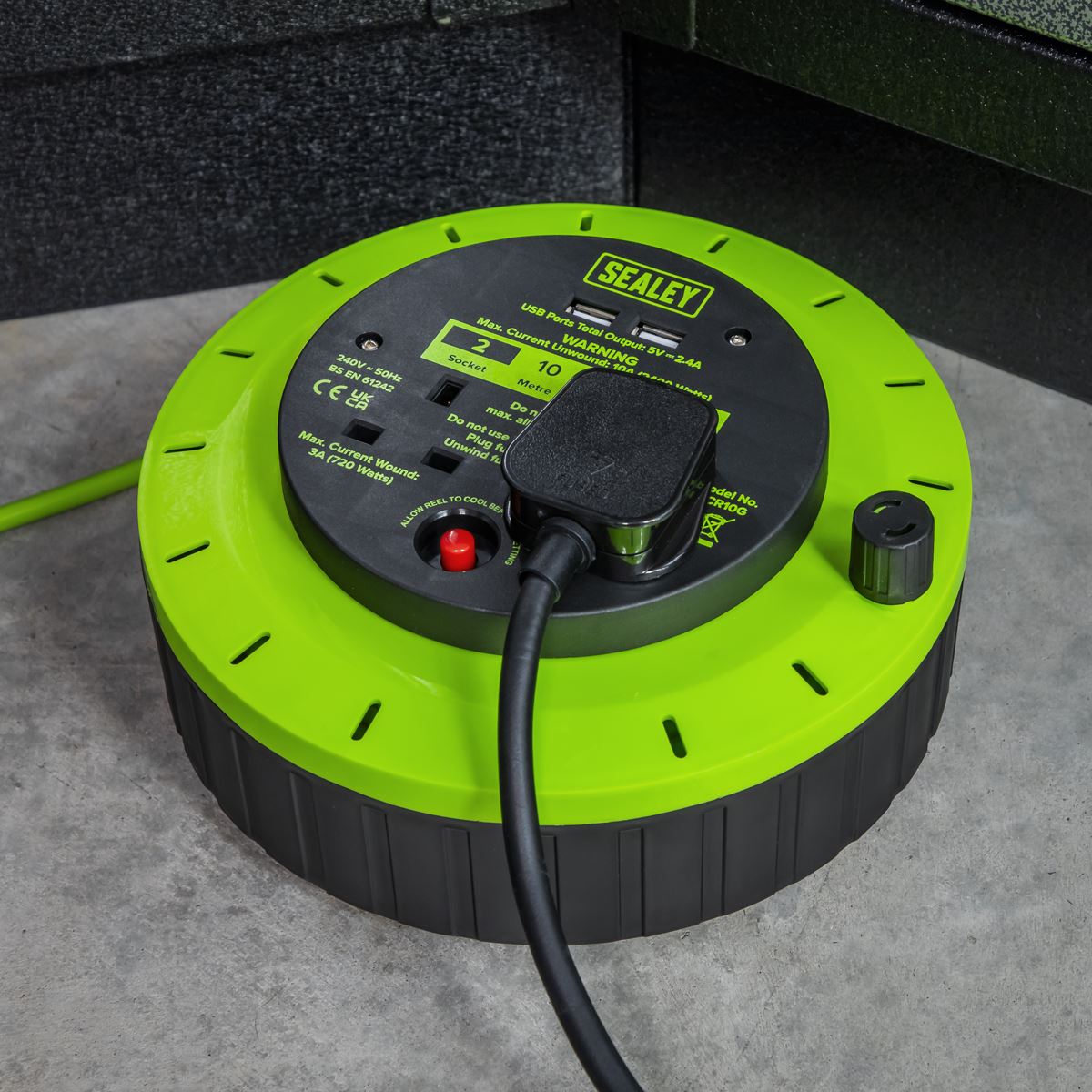 Sealey BCR10G Cassette Type Cable Reel Green with Thermal Trip 2 x 230V and 2 x USB 10m Sealey