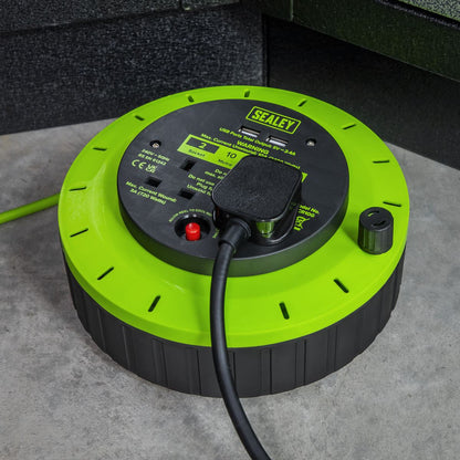 Sealey BCR10G Cassette Type Cable Reel Green with Thermal Trip 2 x 230V and 2 x USB 10m Sealey