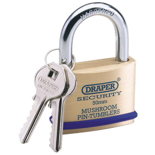 Draper 64162 Solid Brass Padlock and 2 Keys with Mushroom Pin Tumblers Hardened Steel Shackle and Bumper 50mm Draper