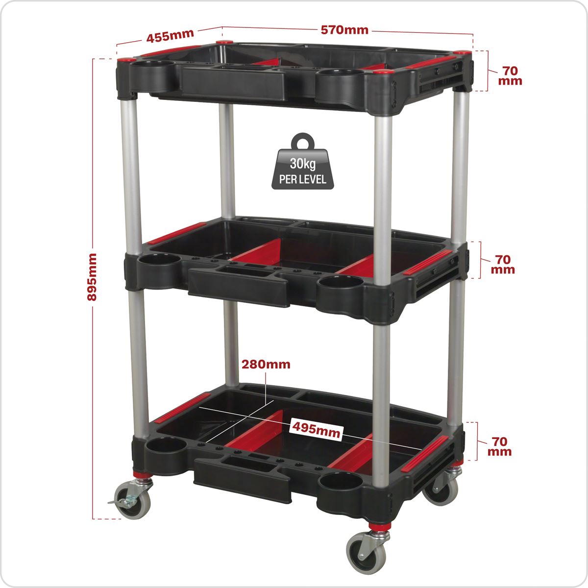Sealey CX313 Workshop Trolley 3-Level Composite with Parts Storage Sealey