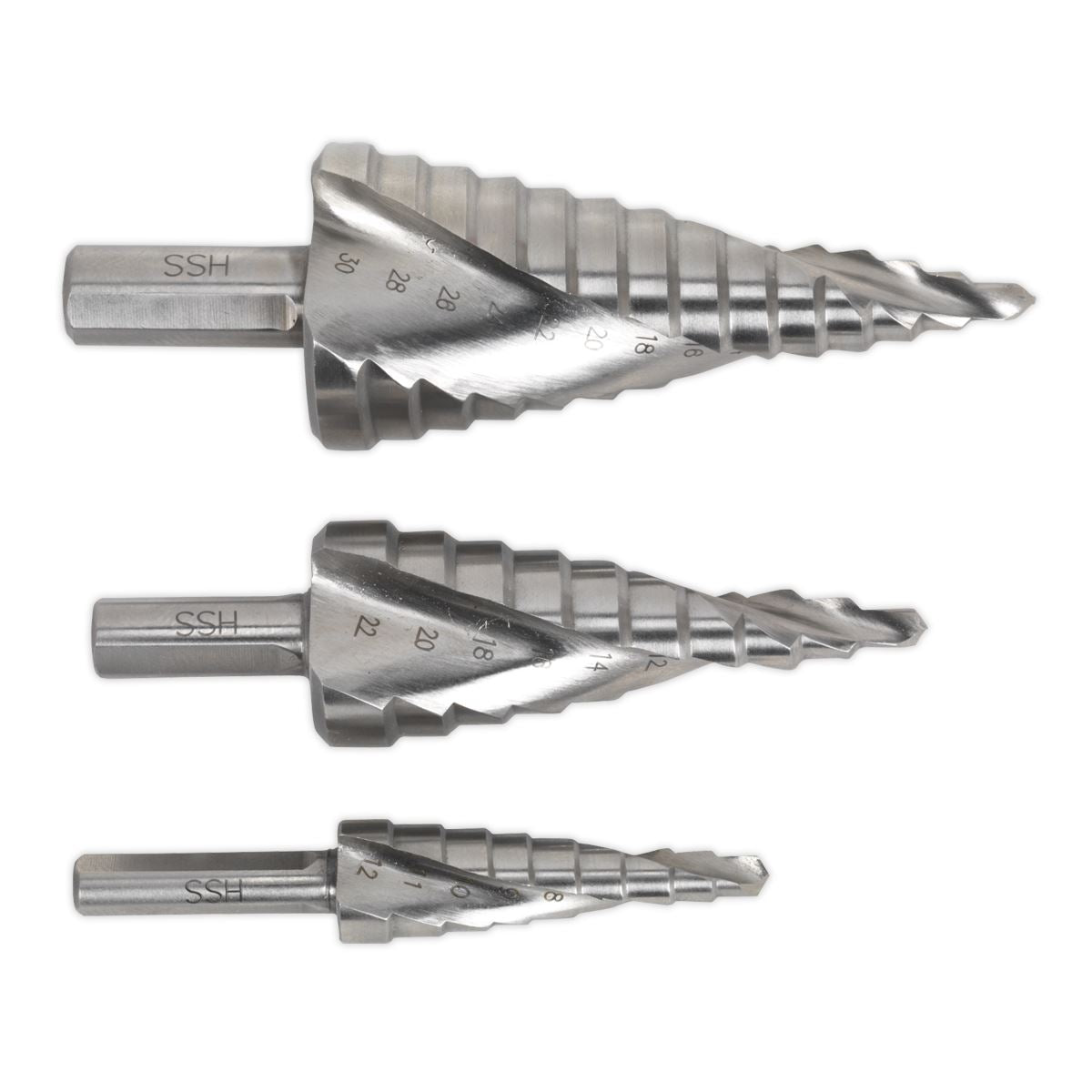 Sealey AK4743 HSS M2 Step Drill Bit Set 3pc Spiral Flute Sealey