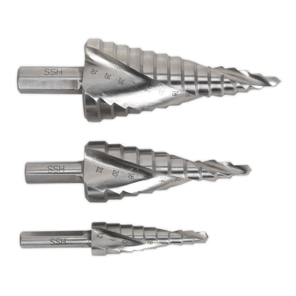 Sealey AK4743 HSS M2 Step Drill Bit Set 3pc Spiral Flute Sealey
