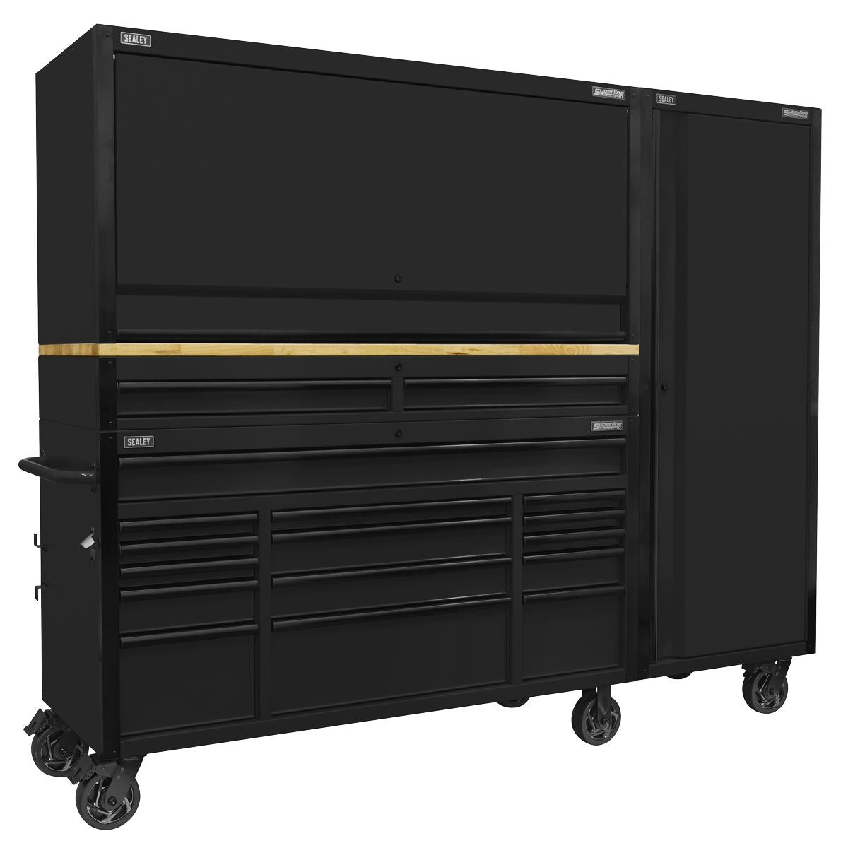 Sealey AP6215BECOMBO2 Superline PRO® Black Edition Mobile Trolley with Wooden Worktop 15 Drawer, Hutch, 2 Drawer Riser & Side Locker 1549mm Sealey