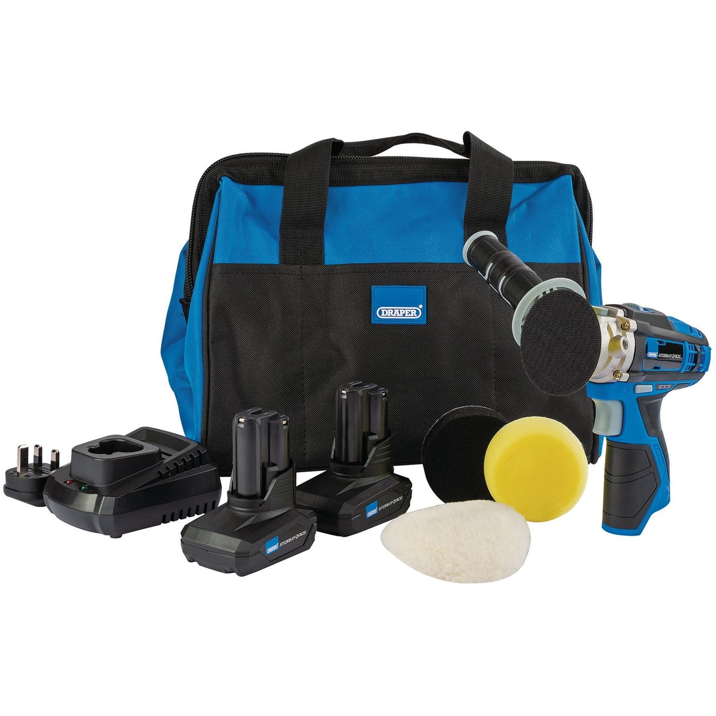 Draper 99727 Storm Force 10.8V Power Interchange Mini Polisher Kit 2 x 4.0Ah Batteries 1 x Charger 1 x Bag Draper