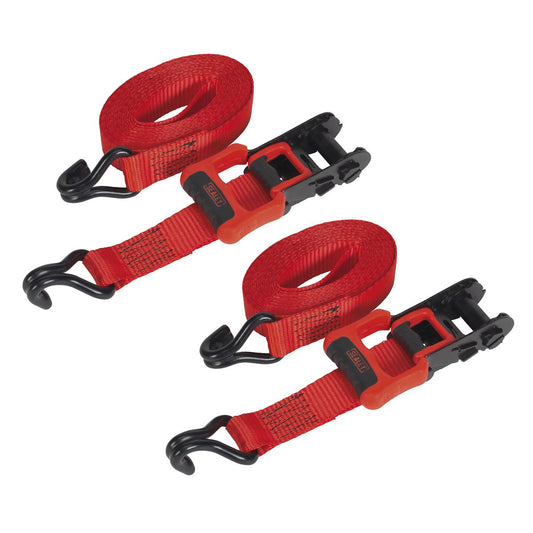 Sealey TD41248JD Ratchet Straps 32mm x 4.9m Polyester Webbing with J-Hooks 1200kg Breaking Strength - 2 Pairs Sealey