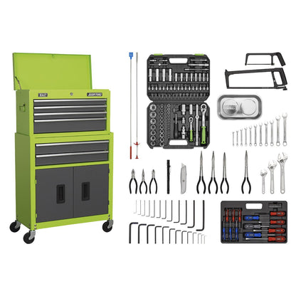 Sealey AP2200COMBOHV 6 Drawer Topchest & Rollcab Combination with Ball-Bearing Slides - Green/Grey & 170pc Tool Kit Sealey