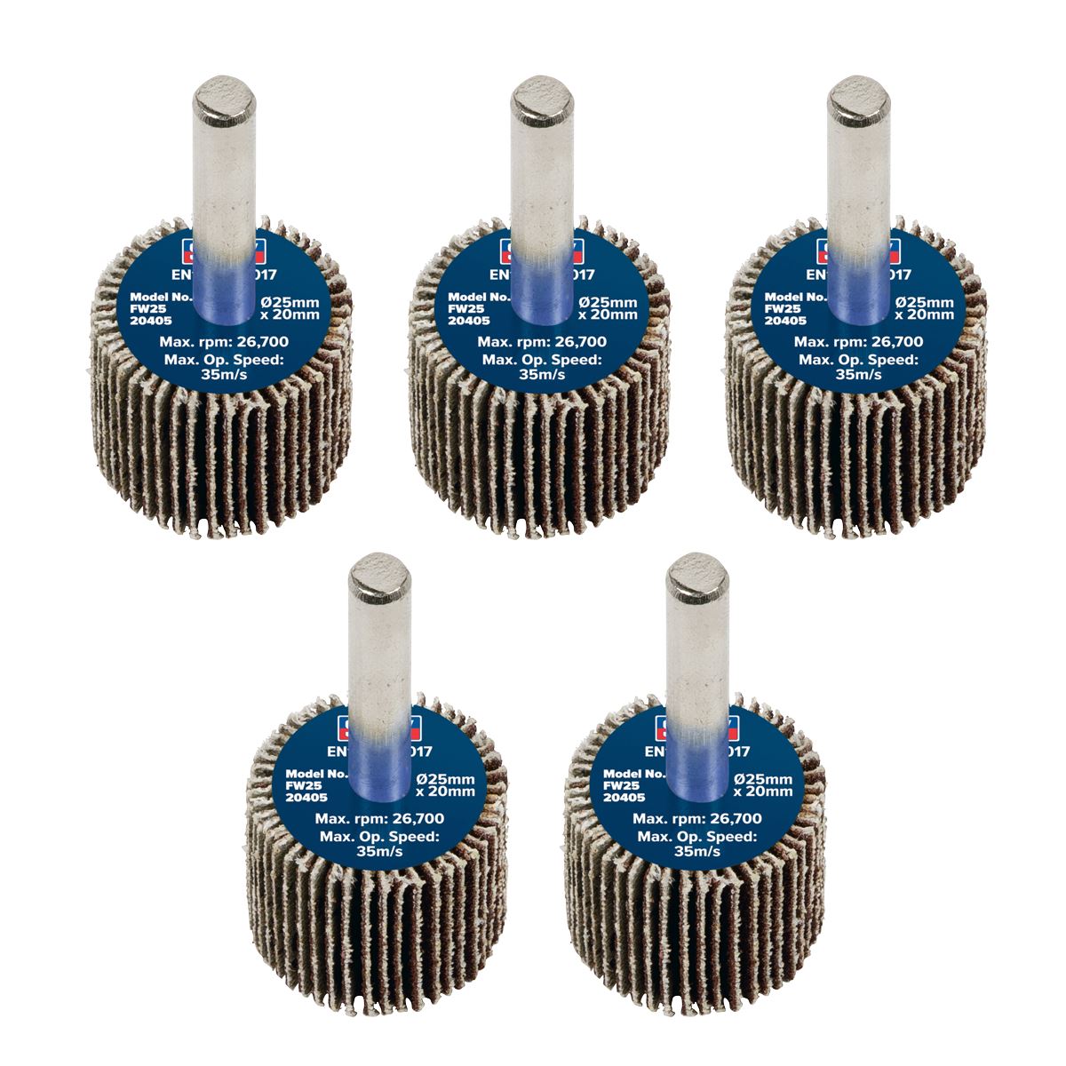 Sealey FW2520405 Abrasive Flap Wheel Ø25 x 20mm Ø6mm Shaft 40Grit - Pack of 5 Sealey