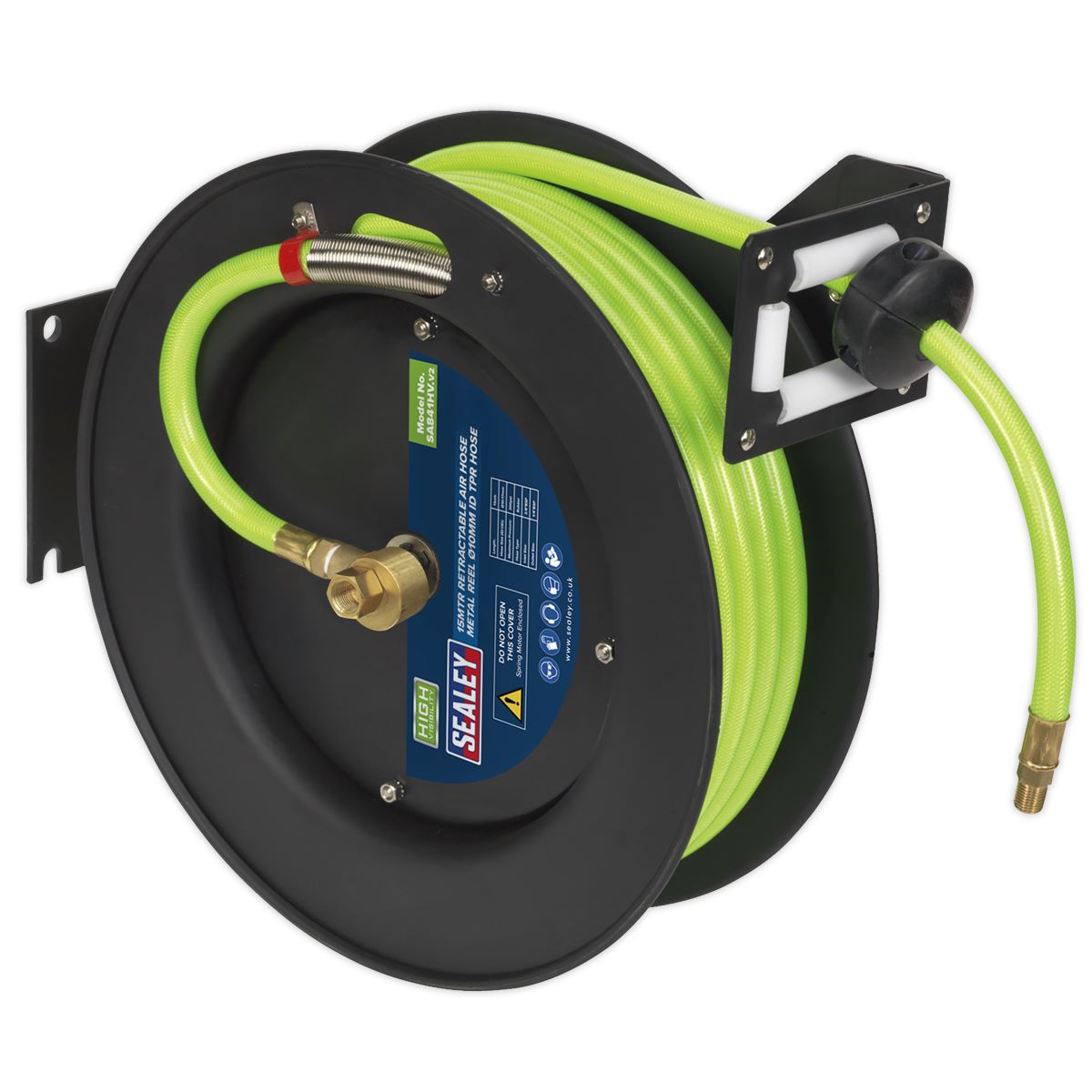Sealey SA841HV Retractable Air Hose Metal Reel 15m Ø10mm ID High-Visibility TPR Hose Sealey