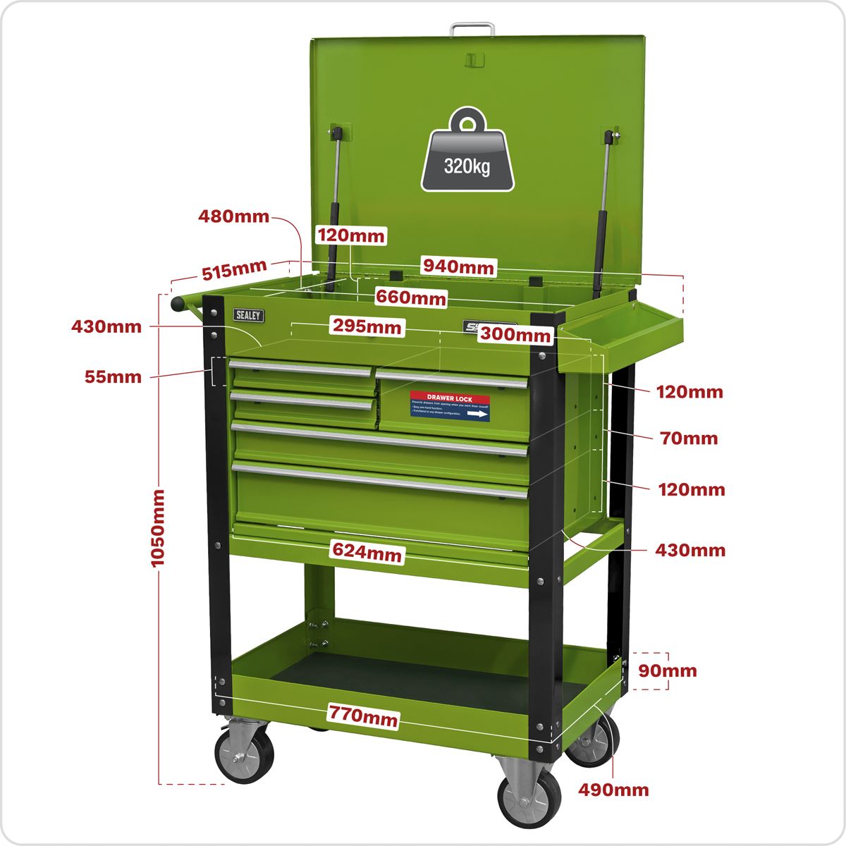 Sealey AP890MHV Heavy-Duty Mobile Tool & Parts Trolley with 5 Drawers and Lockable Top- Hi-Vis Green Sealey