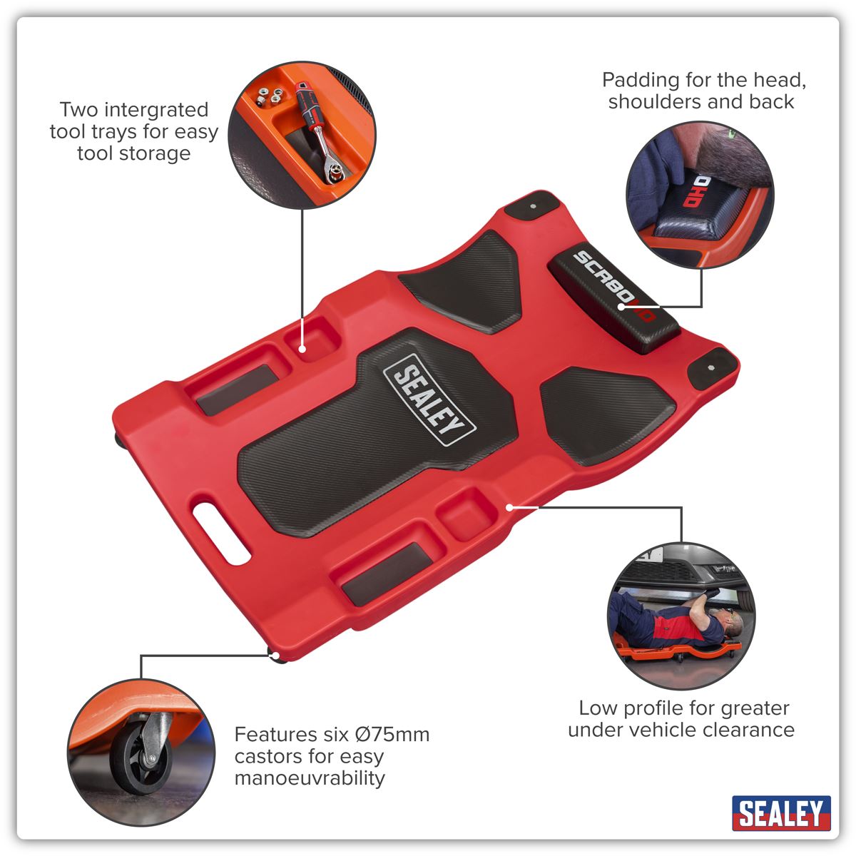 Sealey SCR80HD Composite Padded Creeper with 6 Wheels Sealey