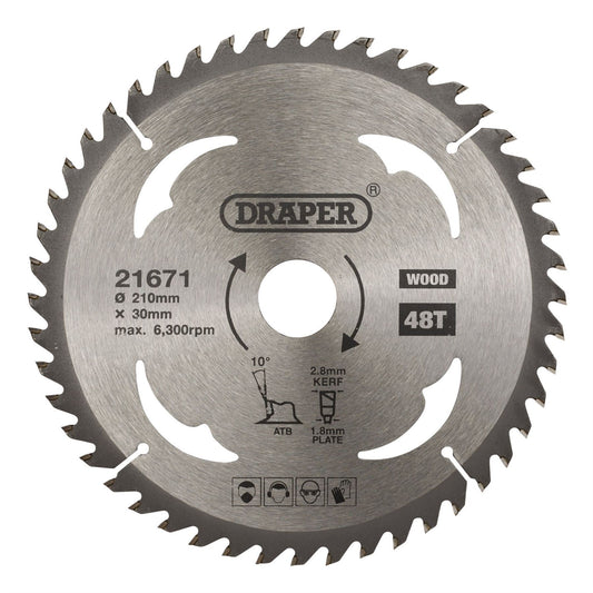 Draper 21671 TCT Circular Saw Blade for Wood 210 x 30mm 48T Draper