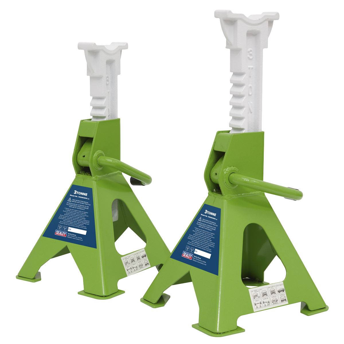 Sealey VS2003HV Ratchet Type Axle Stands (Pair) 3 Tonne Capacity per Stand - Hi-Vis Green Sealey