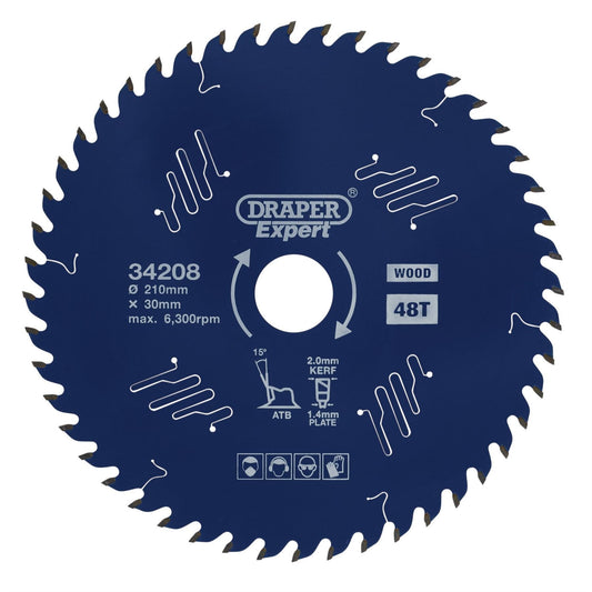 Draper 34208 Expert TCT Circular Saw Blade for Wood with PTFE Coating 210 x 30mm 48T Draper