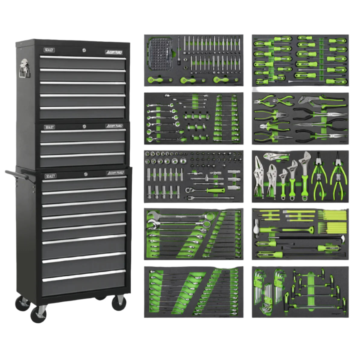 Sealey AP35TBCOMBO Tool Chest & Tools Combination 16 Drawer with Ball-Bearing Slides - Black/Grey Sealey