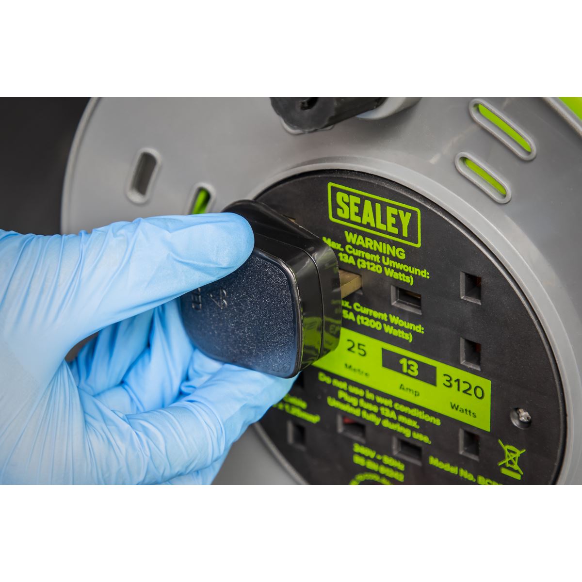 Sealey BCR25G Cable Reel with Thermal Trip 4 x 230V Sockets 25m - Green Sealey