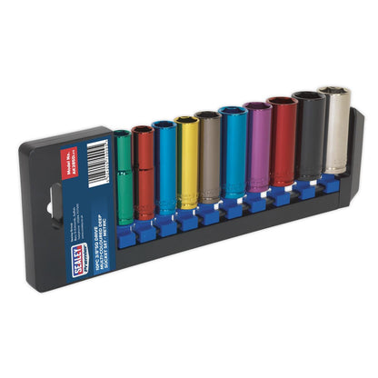 Sealey AK285D Multi-Coloured Socket Set 10pc 3/8"Sq Drive 6pt Deep WallDrive® Metric Sealey