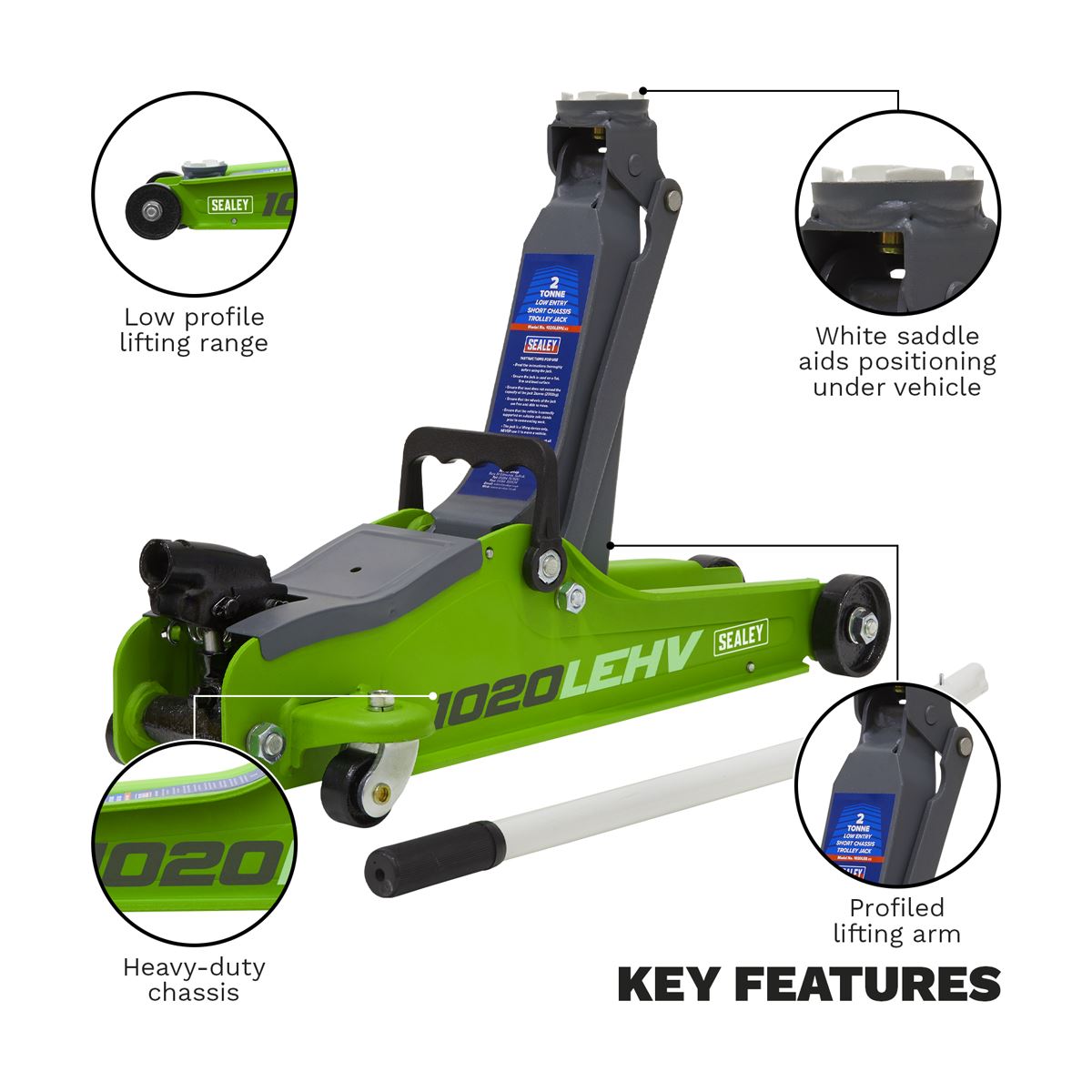 Sealey 1020LEHV Low Profile Short Chassis Trolley Jack 2 Tonne - Green Sealey