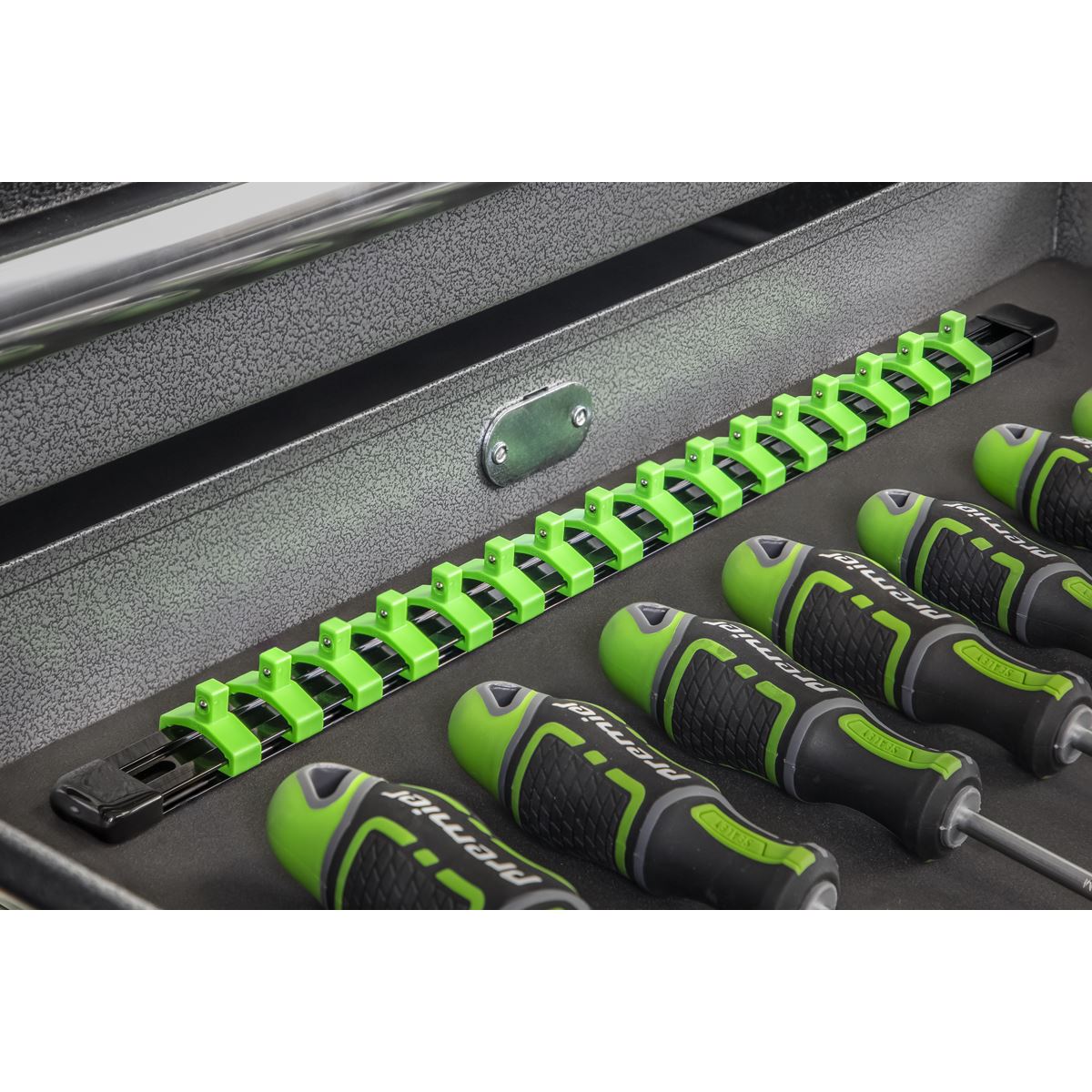 Sealey AK27052HV Socket Retaining Rail with 16 Clips 1/4"Sq Drive - Hi-Vis Green Sealey