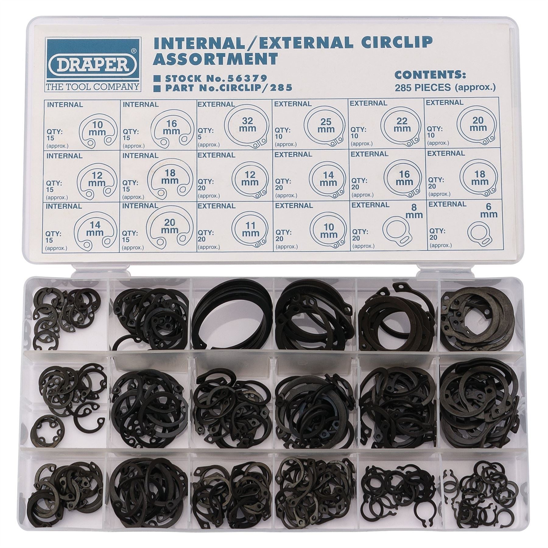 Draper 56379 Internal and External Circlip Assortment 285 Piece Draper