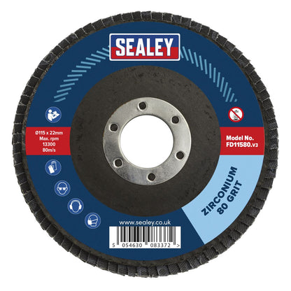 Sealey FD1158010 80Grit Flap Discs Zirconium Ø115mm Ø22mm Bore - Pack of 10 Sealey