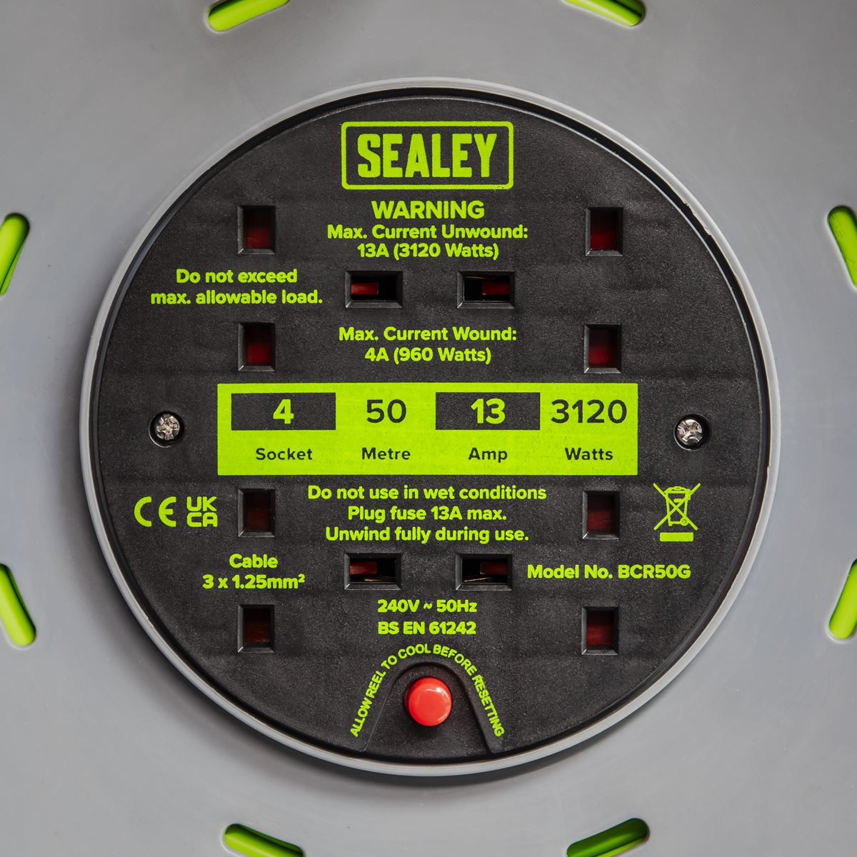Sealey BCR50G Cable Reel with Thermal Trip 4 x 230V Sockets 50m - Green Sealey