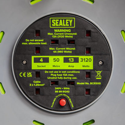 Sealey BCR50G Cable Reel with Thermal Trip 4 x 230V Sockets 50m - Green Sealey