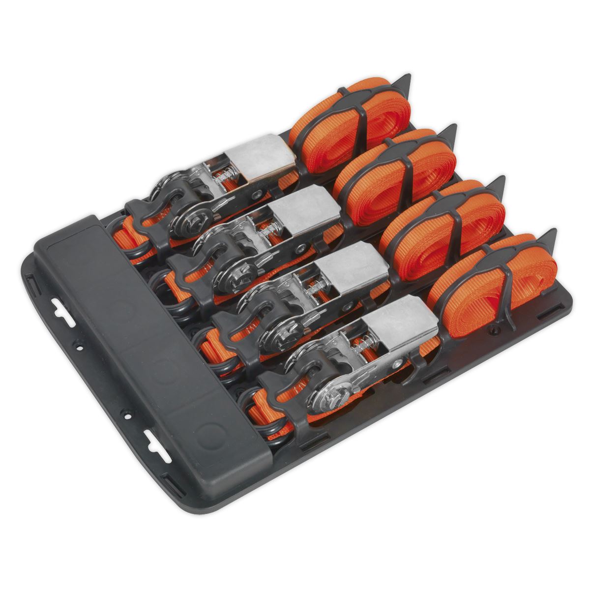 Sealey TD0540S4 Ratchet Straps 25mm x 4m Polyester Webbing with S-Hooks 500kg Breaking Strength - 2 Pairs Sealey