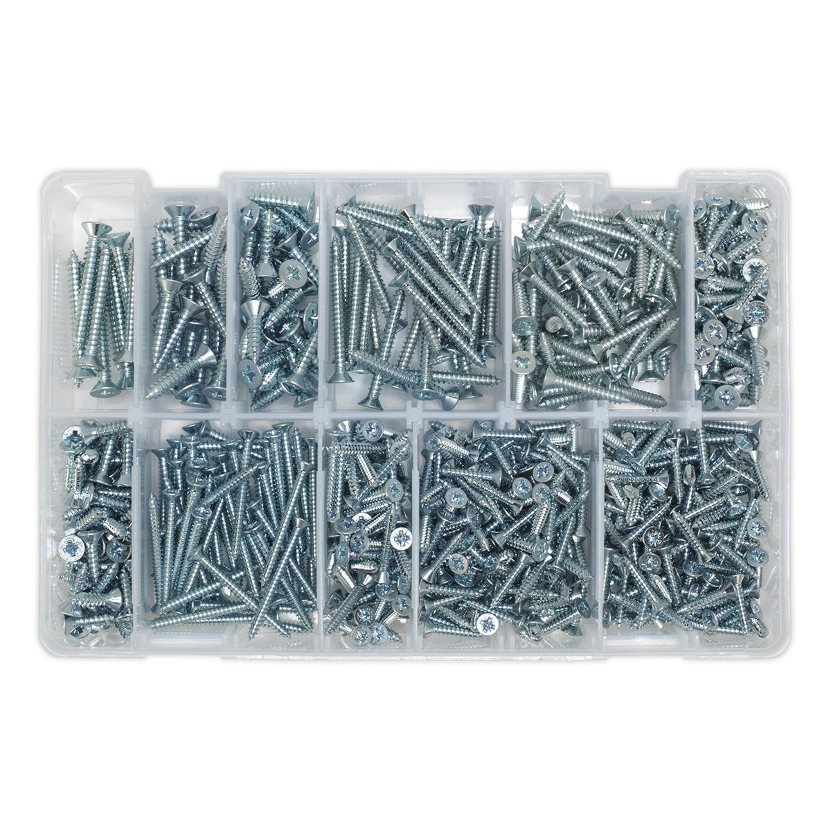 Sealey AB065STCP Self-Tapping Screw Assortment 600pc Countersunk Pozi Zinc Sealey