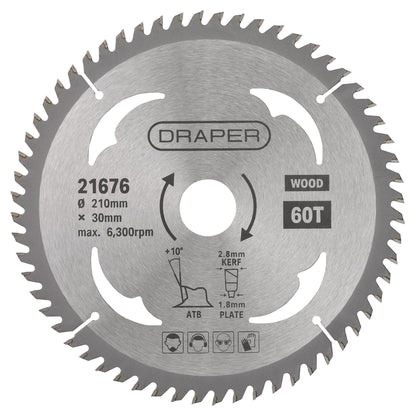 Draper 21676 TCT Circular Saw Blade for Wood 210 x 30mm 60T Draper